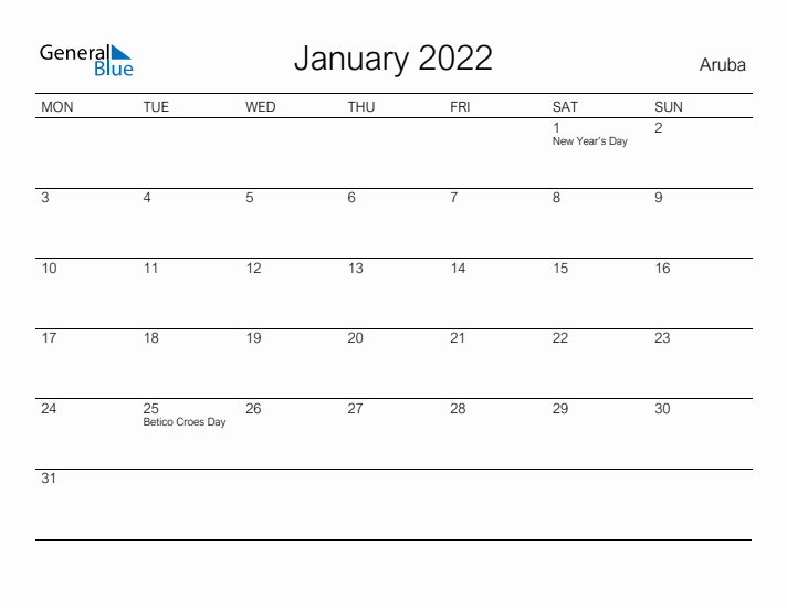 Printable January 2022 Calendar for Aruba