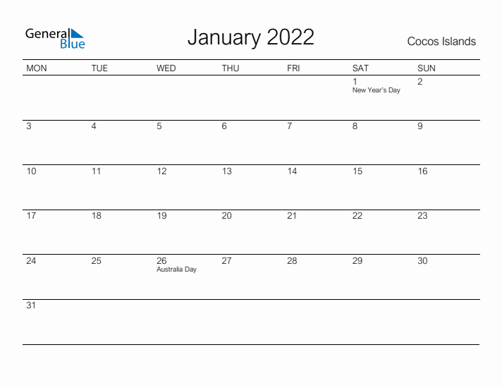 Printable January 2022 Calendar for Cocos Islands