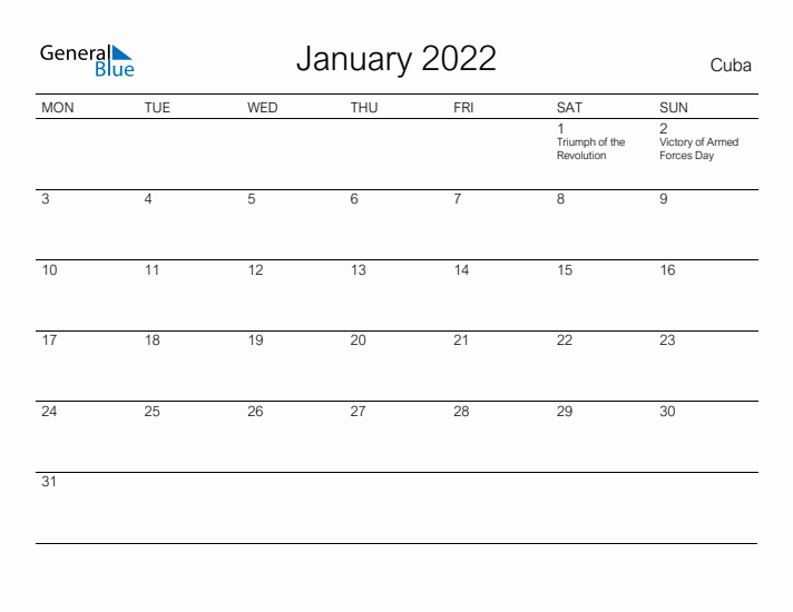 Printable January 2022 Calendar for Cuba