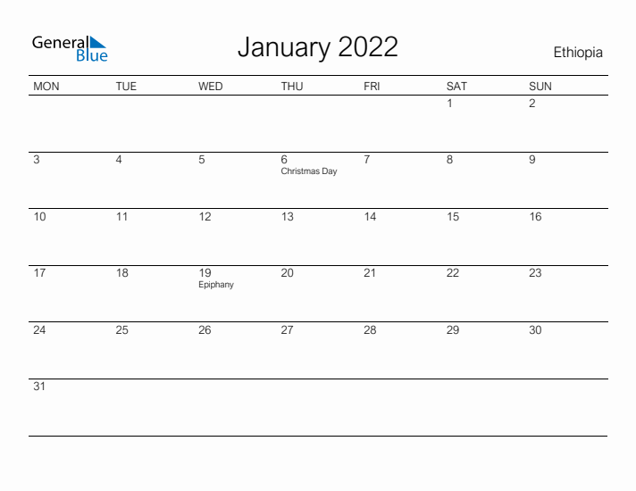 Printable January 2022 Calendar for Ethiopia