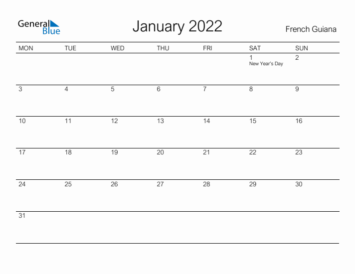 Printable January 2022 Calendar for French Guiana