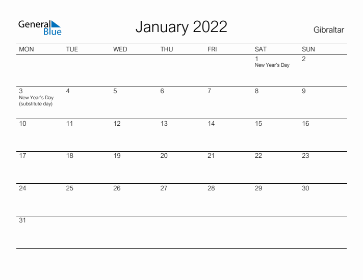 Printable January 2022 Calendar for Gibraltar