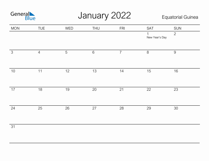 Printable January 2022 Calendar for Equatorial Guinea