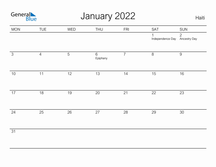 Printable January 2022 Calendar for Haiti