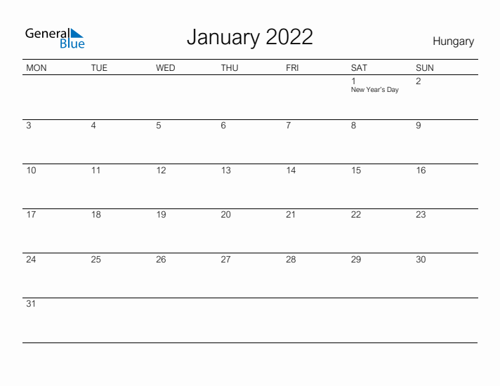 Printable January 2022 Calendar for Hungary