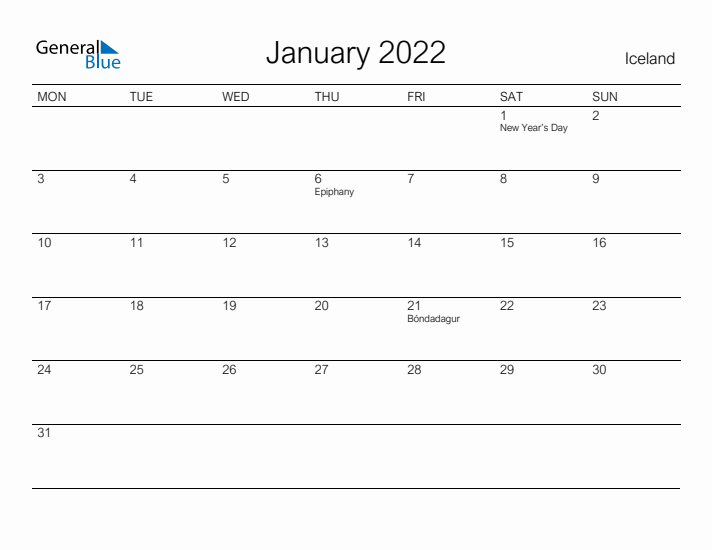 Printable January 2022 Calendar for Iceland