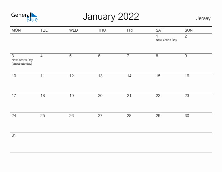 Printable January 2022 Calendar for Jersey