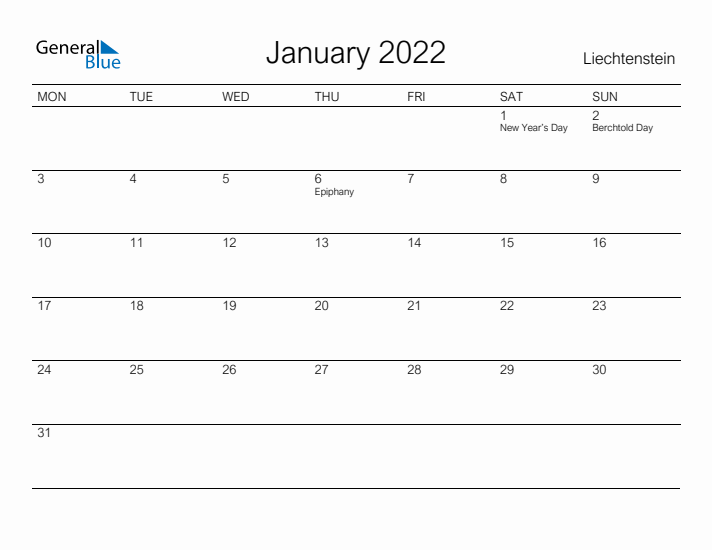 Printable January 2022 Calendar for Liechtenstein