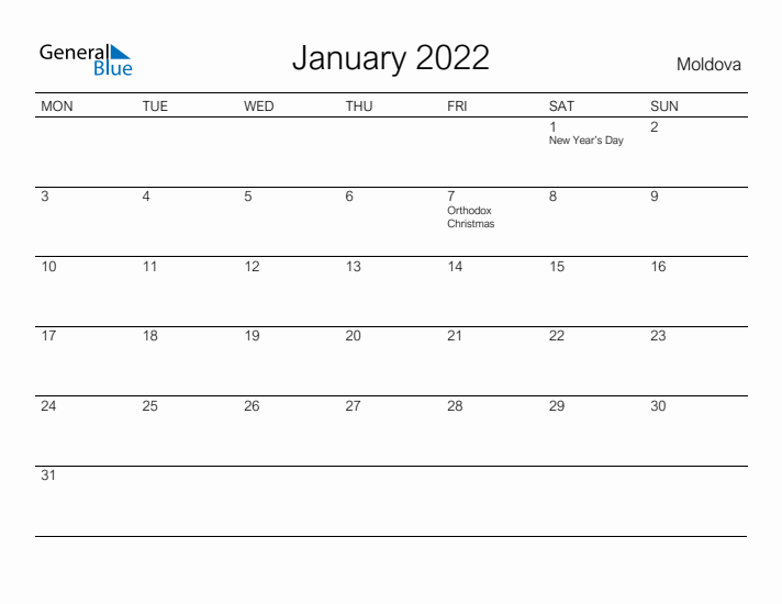 Printable January 2022 Calendar for Moldova