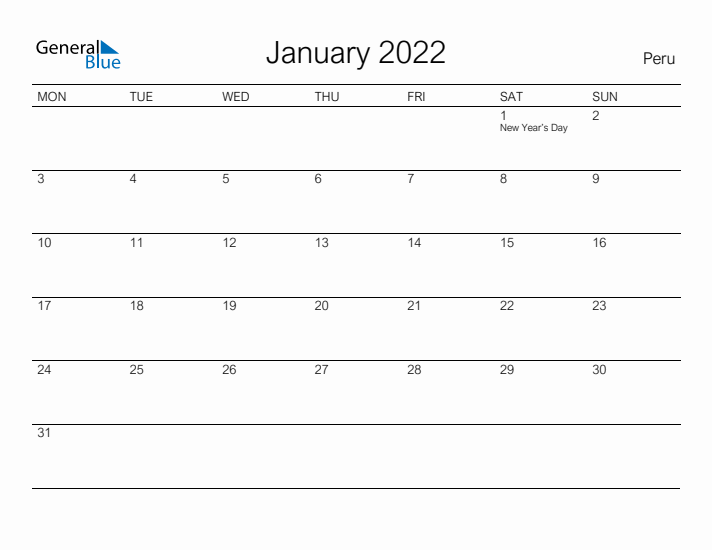 Printable January 2022 Calendar for Peru