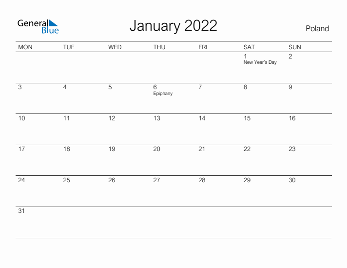 Printable January 2022 Calendar for Poland