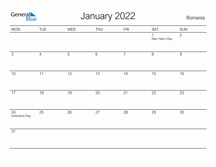 Printable January 2022 Calendar for Romania