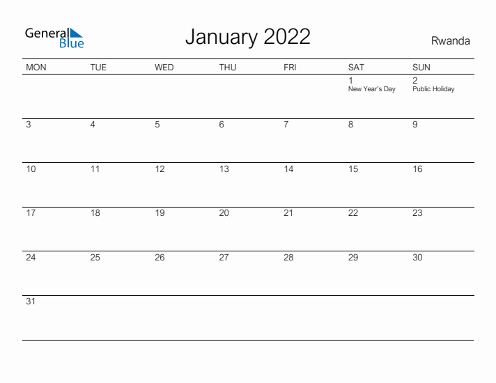 Printable January 2022 Calendar for Rwanda