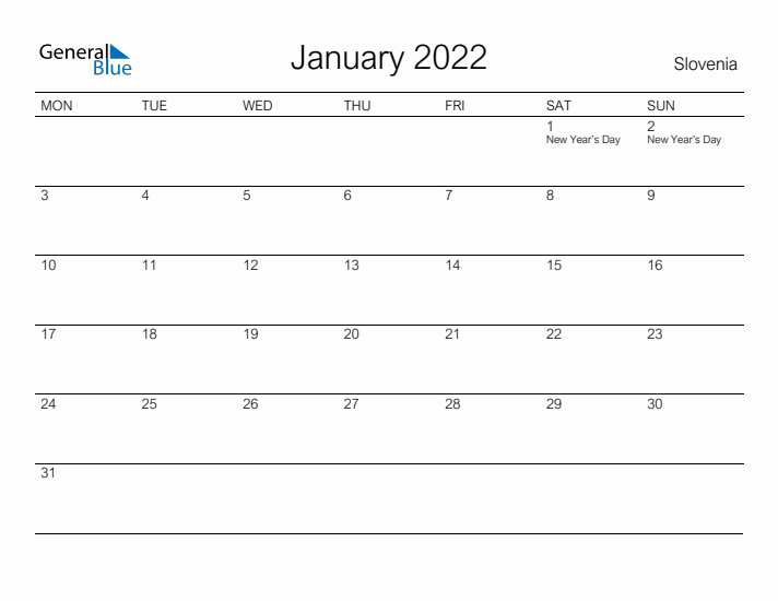 Printable January 2022 Calendar for Slovenia