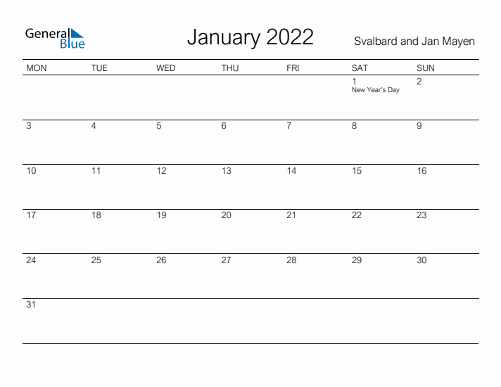 Printable January 2022 Calendar for Svalbard and Jan Mayen