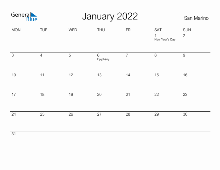 Printable January 2022 Calendar for San Marino