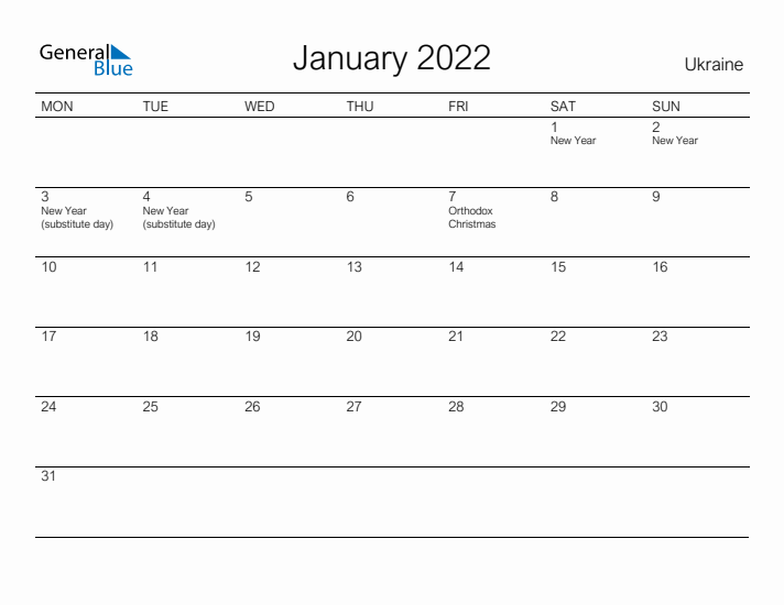 Printable January 2022 Calendar for Ukraine