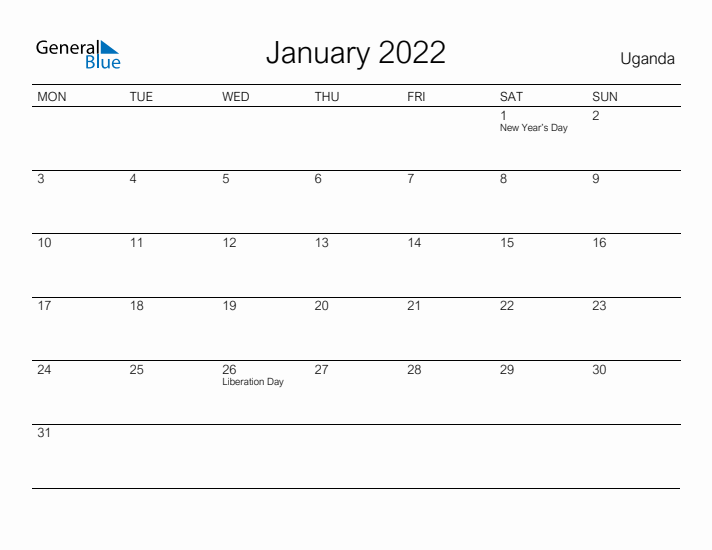 Printable January 2022 Calendar for Uganda