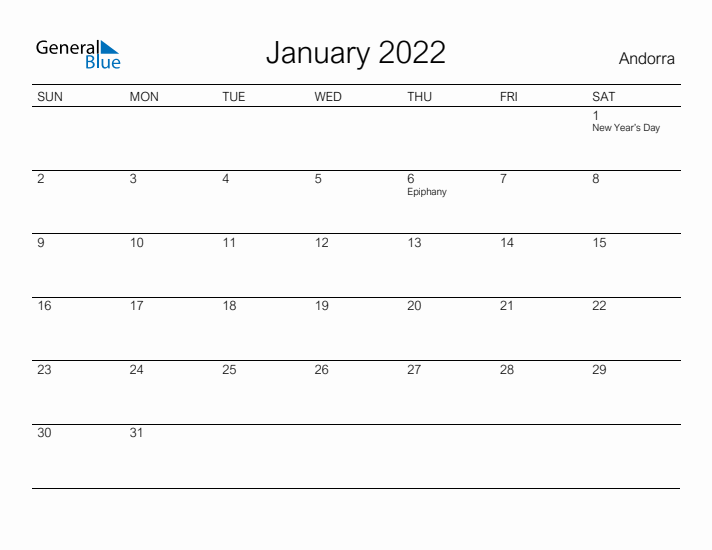 Printable January 2022 Calendar for Andorra