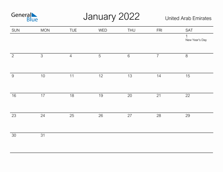 Printable January 2022 Calendar for United Arab Emirates