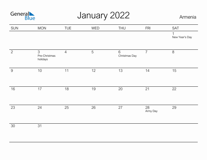 Printable January 2022 Calendar for Armenia