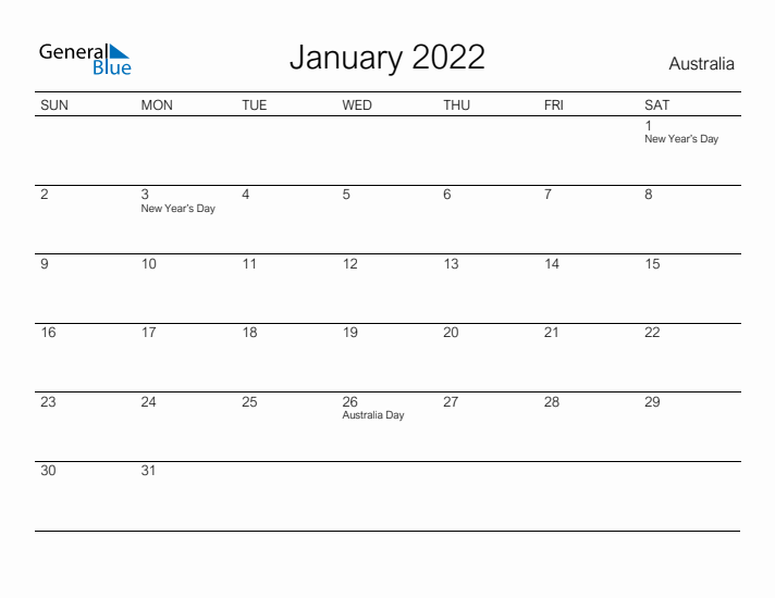 Printable January 2022 Calendar for Australia