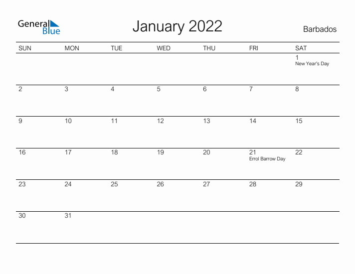 Printable January 2022 Calendar for Barbados