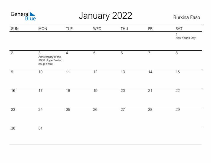 Printable January 2022 Calendar for Burkina Faso