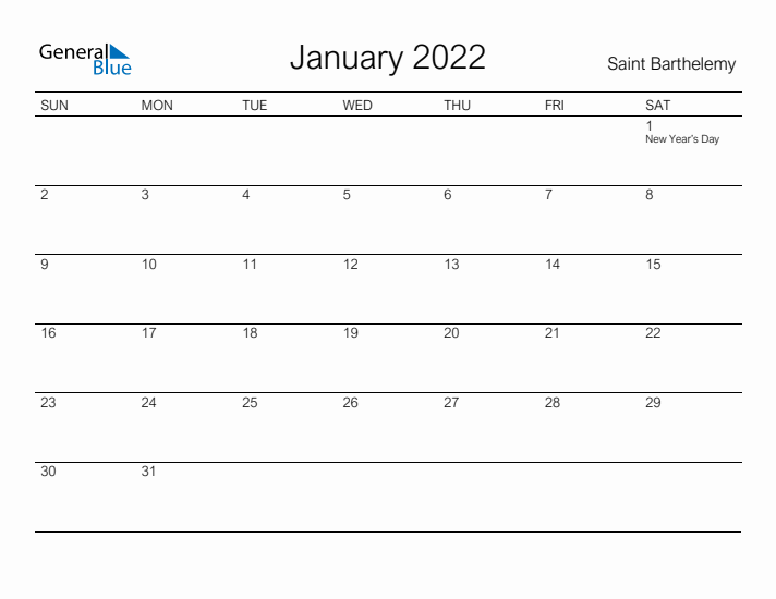 Printable January 2022 Calendar for Saint Barthelemy