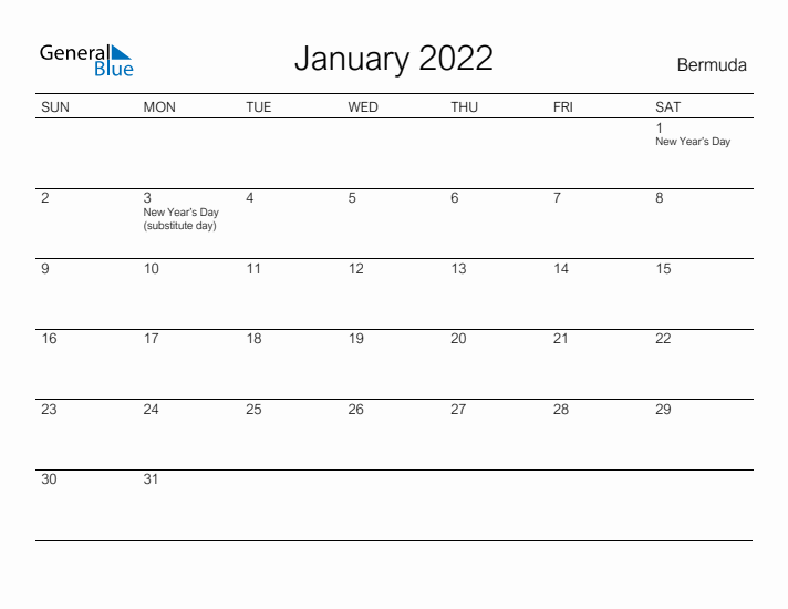 Printable January 2022 Calendar for Bermuda