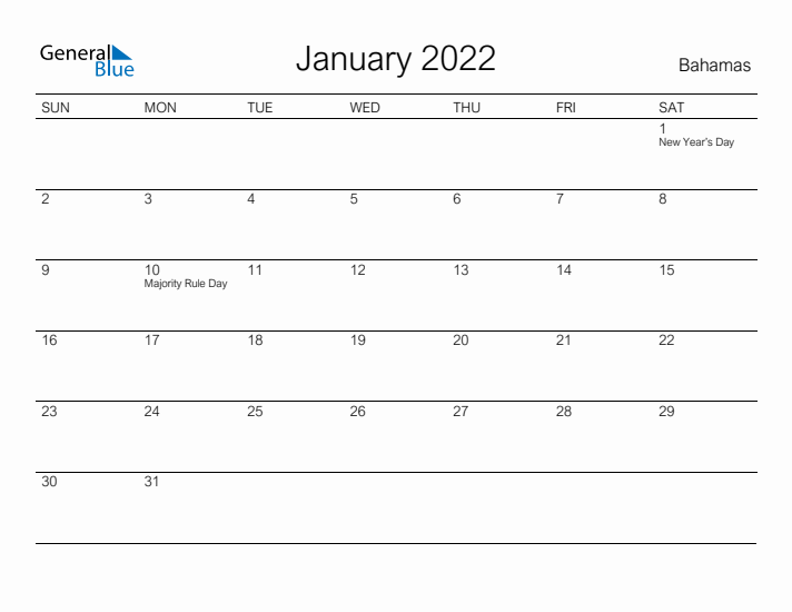 Printable January 2022 Calendar for Bahamas