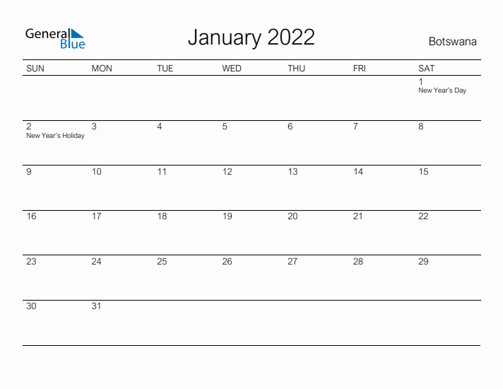 Printable January 2022 Calendar for Botswana