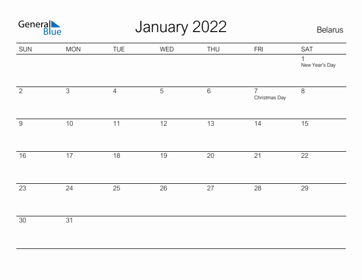 Printable January 2022 Calendar for Belarus