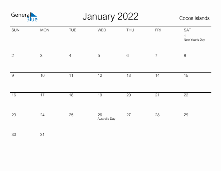 Printable January 2022 Calendar for Cocos Islands