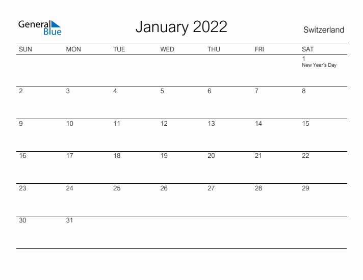 Printable January 2022 Calendar for Switzerland