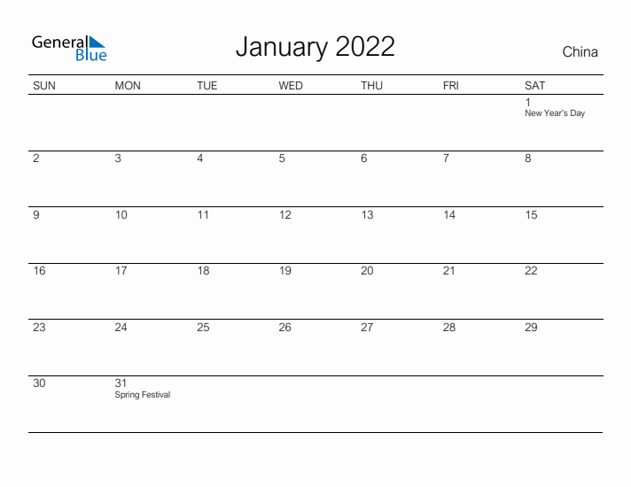 Printable January 2022 Calendar for China