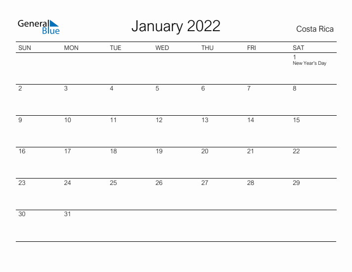 Printable January 2022 Calendar for Costa Rica