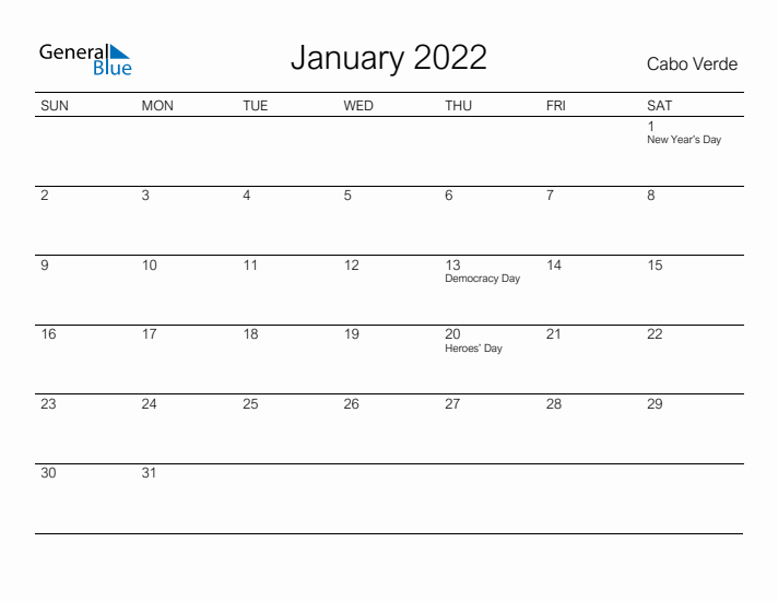 Printable January 2022 Calendar for Cabo Verde