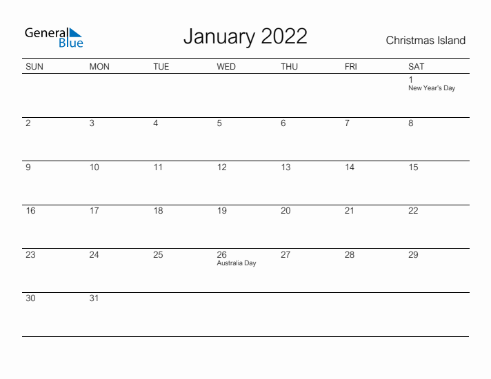 Printable January 2022 Calendar for Christmas Island