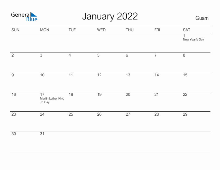 Printable January 2022 Calendar for Guam