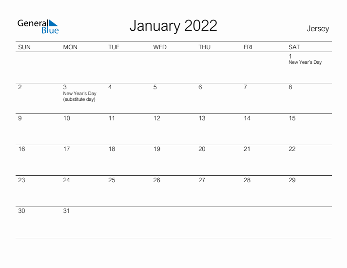 Printable January 2022 Calendar for Jersey