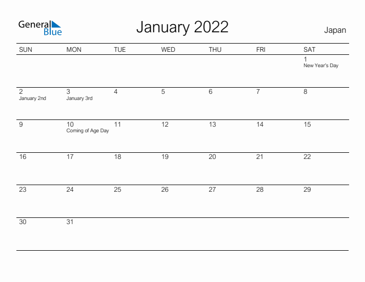 Printable January 2022 Calendar for Japan