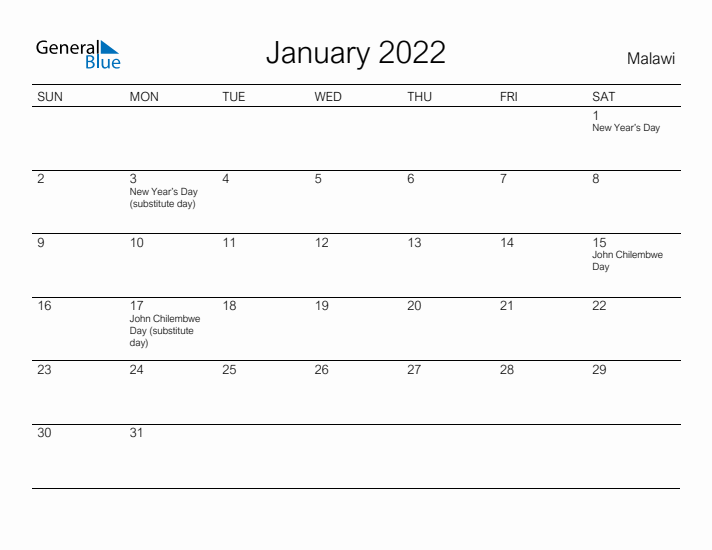 Printable January 2022 Calendar for Malawi