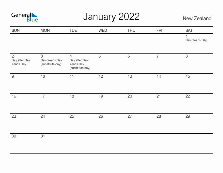 Printable January 2022 Calendar for New Zealand