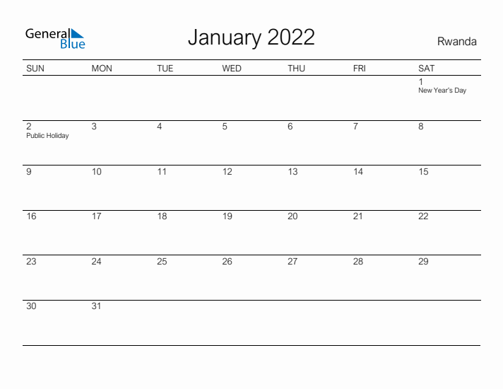 Printable January 2022 Calendar for Rwanda