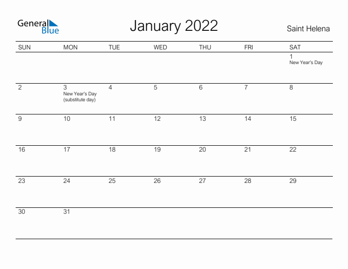 Printable January 2022 Calendar for Saint Helena