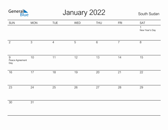 Printable January 2022 Calendar for South Sudan