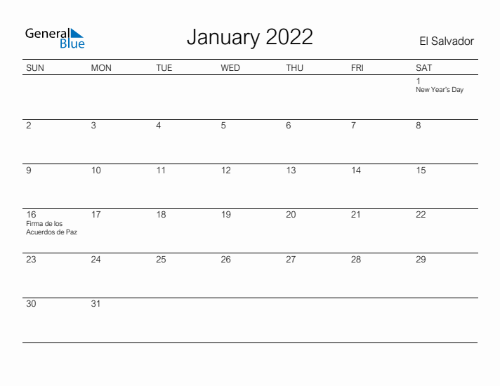 Printable January 2022 Calendar for El Salvador