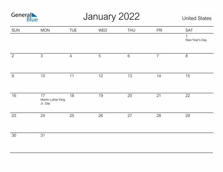 Printable January 2022 Calendar for United States