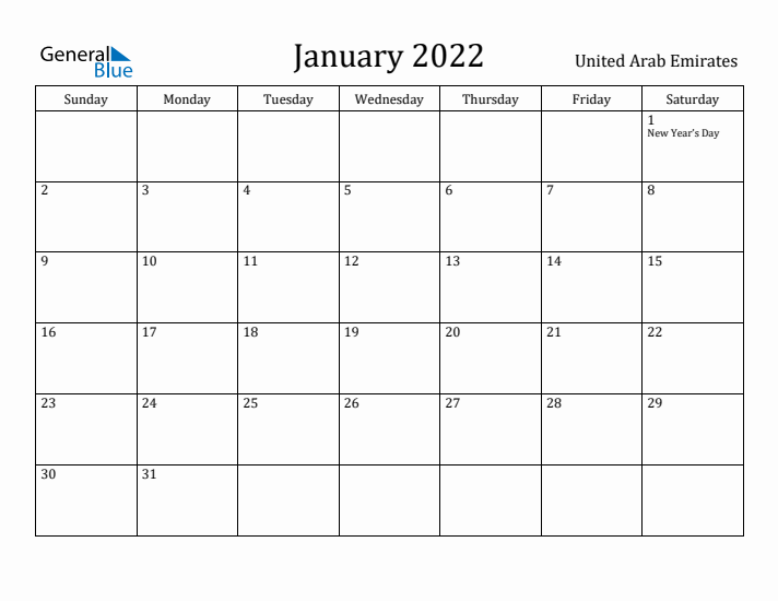 January 2022 Calendar United Arab Emirates